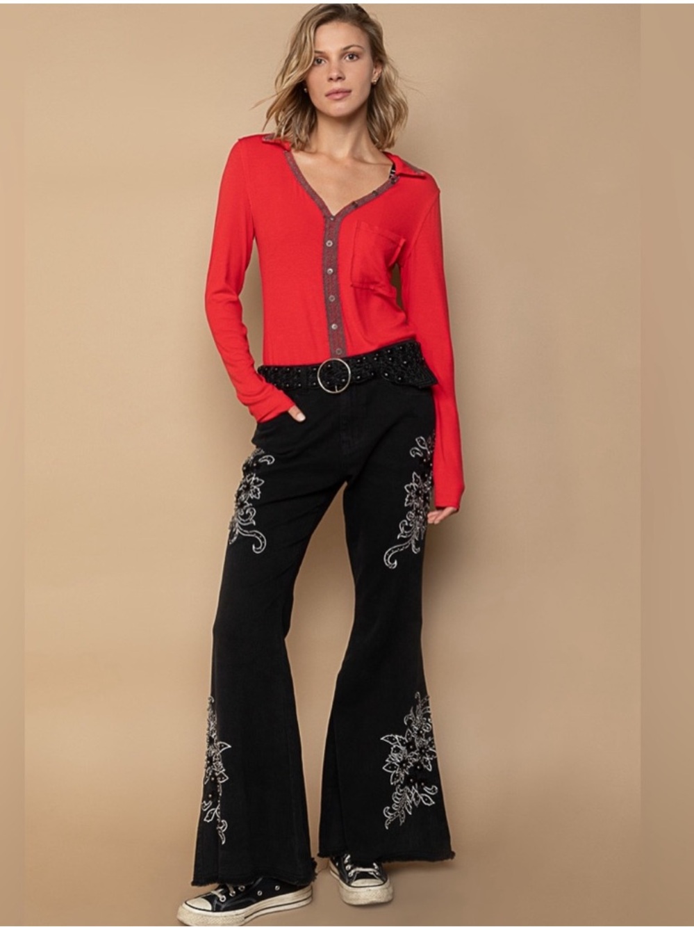 POL Embroidered Studded Stretchy Flare Bottom Black Boho Jeans